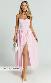 Morris Midi Dress - Linen Scoop Neck Gathered Dress In Pink