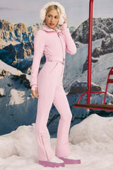 Fleece-Lined Belted Ski Suit In Pastel Pink