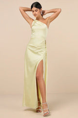 Signature Elegance Pale Yellow Satin One-Shoulder Maxi Dress