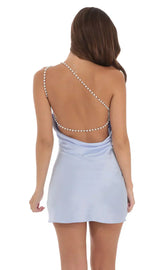 Pearl One Shoulder Satin Dress In Blue