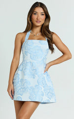 Gabbie Mini Dress - Jacquard Halter Fit And Flare Dress In Blue