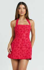 Gabbie Mini Dress - Jacquard Halter Fit And Flare Dress In Red