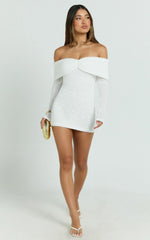Virginia Mini Dress - Off Shoulder Sheer Sequin Knit Dress In White