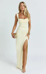 Donna Maxi Dress - Cowl Neck Column High Split Dress In Lemon