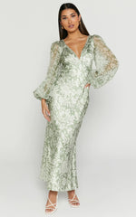 Freollyn Midi Dress - Deep V Neck Long Sleeve Dress In Sage