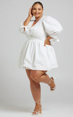 Zandra Mini Dress - Puff Sleeve Poplin Dress In White