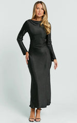 Arriana Midi Dress - Long Sleeve Cowl Back Satin Dress In Black
