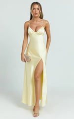 Heidi Maxi Dress - Satin Ruched Bust Tie Back Dress In Lemon