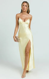 Heidi Maxi Dress - Satin Ruched Bust Tie Back Dress In Lemon
