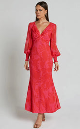 Claude Midi Dress - Deep V Neck Long Sleeve Slip Dress In Print