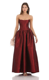 Strapless Corset Gown In Deep Red