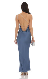 One Shoulder Pearl Satin Maxi Dress In Slate Blue