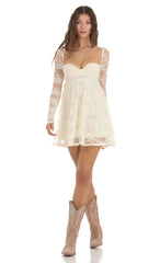 Long Sleeve Lace Babydoll Dress In Cream