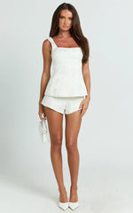 Jacobs Two Piece Set - Square Neck Bow Top And High Waist Mini Short Set In White