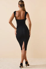 Modal Ruched Plunge Midi Dress In Black