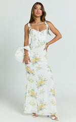 Mabel Maxi Dress - Georgette Frill Sleeve Sweetheart Bias Cut Dress In Antique Florals
