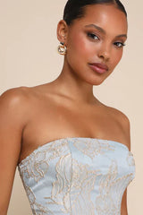 Aesthetic Pose Slate Blue And Gold Jacquard Strapless Mini Dress