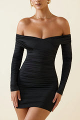 Off-Shoulder Ruched Bodycon Mini Dress In Black