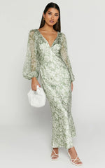 Freollyn Midi Dress - Deep V Neck Long Sleeve Dress In Sage