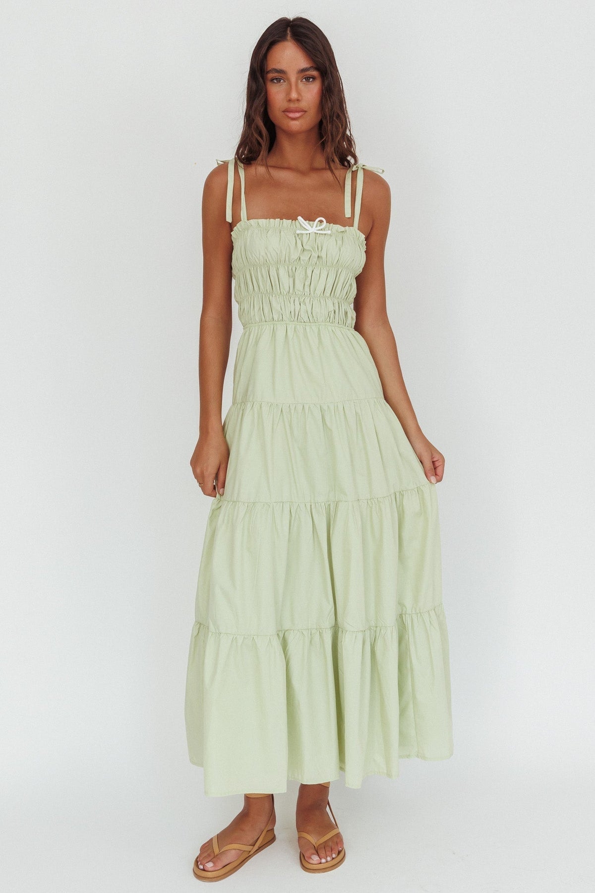 Anderson Tied Shoulder Smocked Bodice Maxi Dress Sage