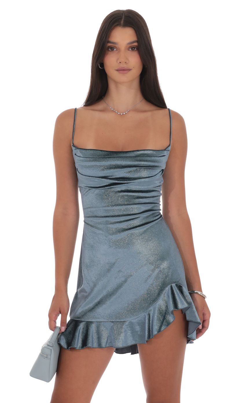 Foil Velvet Ruffled Slit Dress in Blue