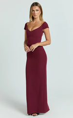 Veronika Maxi Dress - Off Shoulder Plunge High Split Dress In Wine
