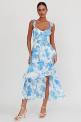 Veda Ruffle Strap Split Maxi Dress Floral White/Blue
