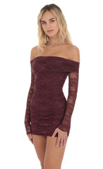 Off Shoulder Long Sleeve Lace Dress In Burgundy