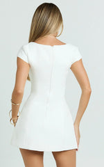 Patsy Mini Dress - Boucle Cap Sleeve Button Front Fitted Dress In White