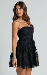 Marzy Mini Dress - Strapless Floral Detail Lace Fit And Flare Dress In Black