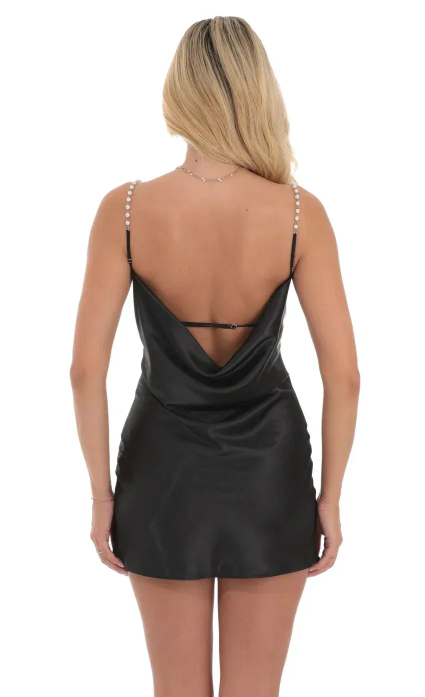 Pearl Strap Satin Dress In Black