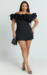 Coraline Mini Dress - Ruffle Off Shoulder Fitted Dress In Black