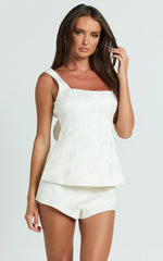 Jacobs Two Piece Set - Square Neck Bow Top And High Waist Mini Short Set In White