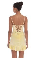 Velvet Ruffled Slit Dress in Yellow