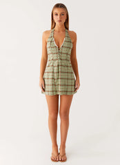 Dunia Halter Mini Dress - Forest Plaid