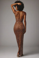 Sheer Embellished High Neck Evening Gown In Mocha