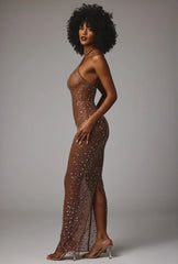 Sheer Embellished High Neck Evening Gown In Mocha