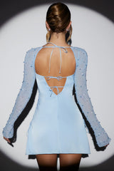 Long Sleeve Embellished A-Line Mini Dress In Blue